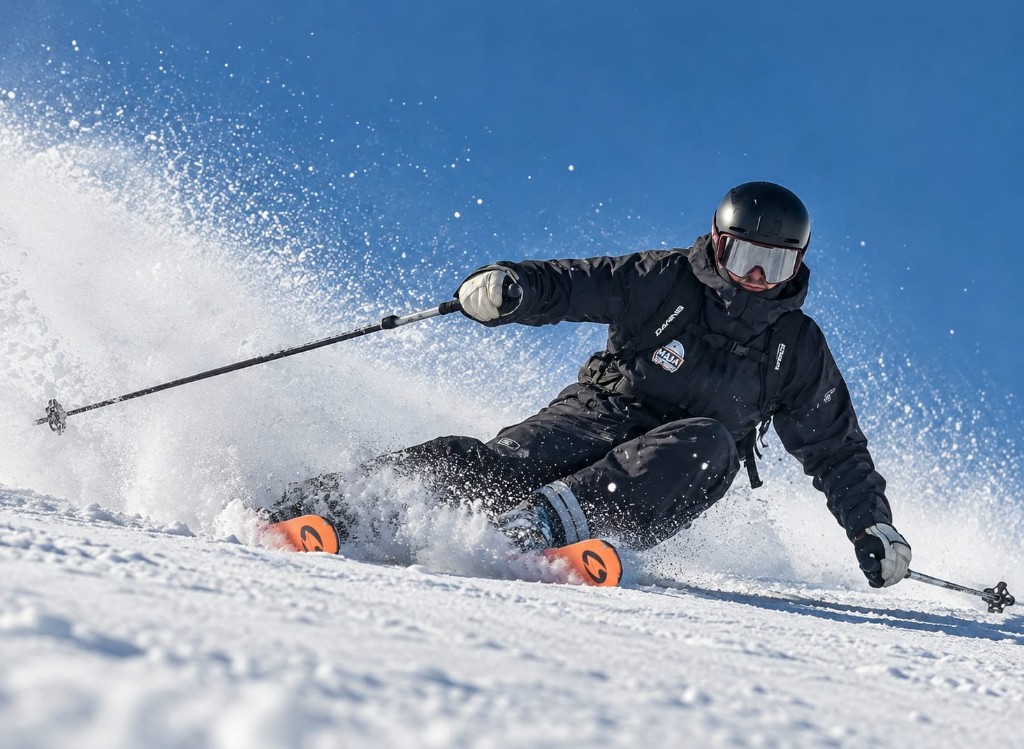 Javier Gil esquiando en nieve polvo, con casco negro y esquís naranjas